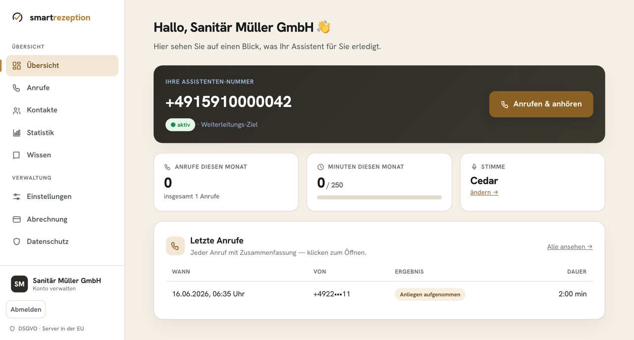 Das SmartRezeption-Dashboard: Assistenten-Nummer, letzte Anrufe und Zusammenfassungen auf einen Blick